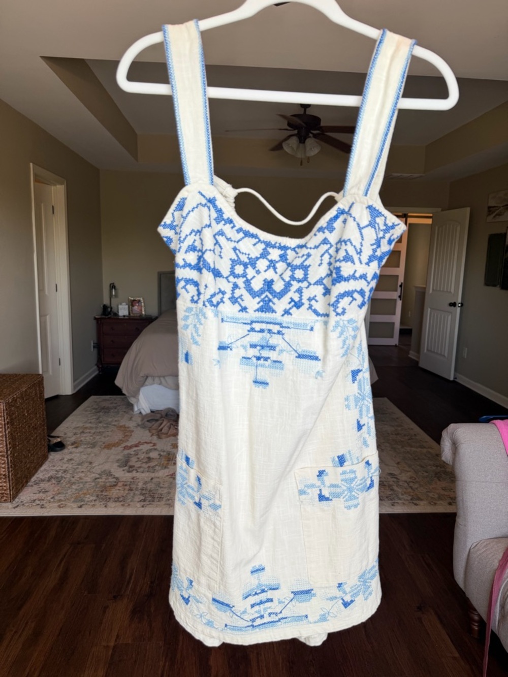 Urban Outfitters Cream Dress with Light Blue Accent Embroidery
